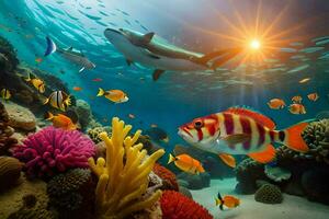 embaixo da agua cena com peixe e coral recife. gerado por IA foto