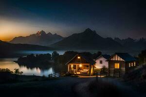 uma cabine senta em a costa do uma lago às crepúsculo. gerado por IA foto