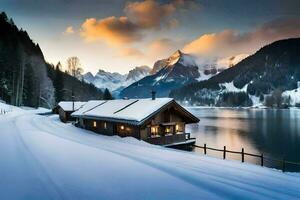 uma cabine senta em a costa do uma lago com neve. gerado por IA foto