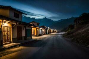 uma rua dentro a montanhas às noite. gerado por IA foto