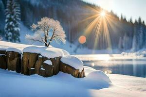 foto papel de parede a sol, neve, árvores, lago, montanhas, inverno, a sol, inverno. gerado por IA