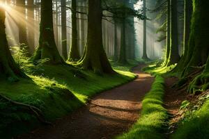 uma caminho através uma verde floresta com árvores e raios de sol. gerado por IA foto