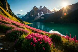 a Sol brilha em a montanhas e flores dentro a primeiro plano. gerado por IA foto