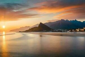 a Sol conjuntos sobre a oceano e montanhas dentro rio de janeiro, rio de. gerado por IA foto