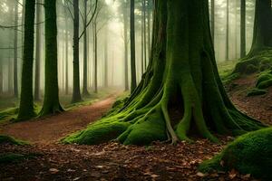 uma caminho através uma floresta com musgoso árvores gerado por IA foto