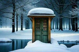 uma pequeno de madeira porta senta dentro a meio do uma Nevado floresta. gerado por IA foto
