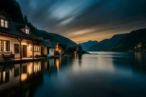 uma casa senta em a costa do uma lago às noite. gerado por IA foto