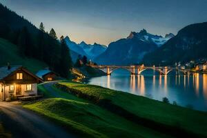 foto papel de parede montanhas, a noite, lago, casa, ponte, casa, casa, casa,. gerado por IA