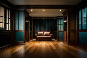 uma quarto com de madeira pavimentos e uma couro cadeira. gerado por IA foto