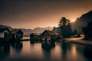 uma lago com casas e uma montanha dentro a fundo. gerado por IA foto