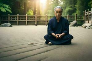 a Mais velho homem meditando dentro a meio do uma parque. gerado por IA foto