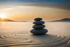 zen pedras empilhado em a areia às pôr do sol. gerado por IA foto