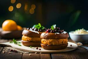 dois pequeno sanduíches com queijo e cranberries em uma de madeira mesa. gerado por IA foto