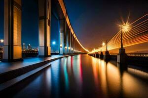 uma grandes exposição fotografia do uma ponte às noite. gerado por IA foto