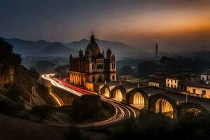 uma Igreja e uma ponte às crepúsculo dentro a montanhas. gerado por IA foto