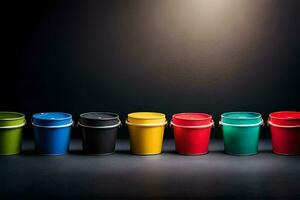 seis colorida plástico baldes forrado acima contra uma Preto fundo. gerado por IA foto
