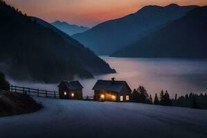 uma casa senta em a lado do uma montanha às pôr do sol. gerado por IA foto