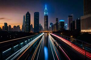 uma cidade Horizonte às noite com tráfego luzes. gerado por IA foto