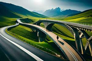 uma rodovia com uma ponte sobre uma verde vale. gerado por IA foto