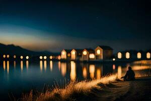 uma homem sentado em a costa às noite com a luzes do a casas dentro a fundo. gerado por IA foto