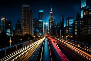 uma cidade às noite com tráfego luzes e edifícios. gerado por IA foto