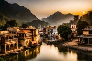 uma rio dentro Índia com edifícios e montanhas dentro a fundo. gerado por IA foto