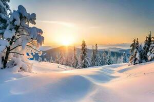 foto papel de parede a céu, neve, árvores, montanhas, nascer do sol, a sol, a montanhas,. gerado por IA