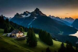 a casa dentro a montanhas. gerado por IA foto