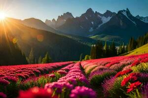 a Sol brilha sobre uma campo do flores e montanhas. gerado por IA foto