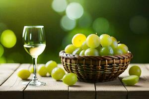 uvas dentro uma cesta e uma vidro do vinho em uma de madeira mesa. gerado por IA foto