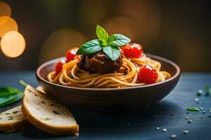 espaguete com carne e tomates dentro uma tigela. gerado por IA foto