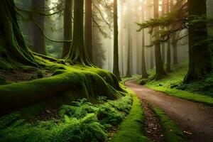 uma caminho através uma verde floresta com musgoso árvores gerado por IA foto