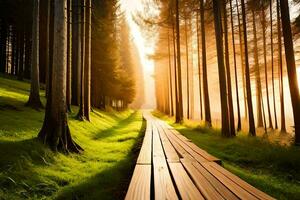 uma de madeira caminho conduz através a floresta às pôr do sol. gerado por IA foto