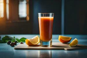 uma vidro do suco com uma fatia do limão e uma fatia do tomate. gerado por IA foto