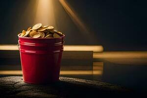 uma vermelho balde preenchidas com ouro moedas em uma mesa. gerado por IA foto