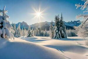 neve coberto árvores e montanhas dentro a Sol. gerado por IA foto