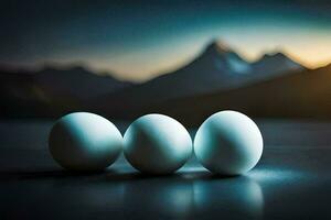três ovos estão sentado em uma mesa dentro frente do uma montanha. gerado por IA foto