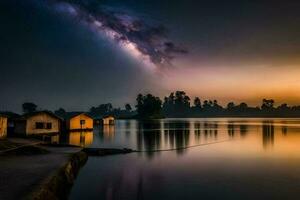 uma lago com casas e uma céu cheio do estrelas. gerado por IA foto