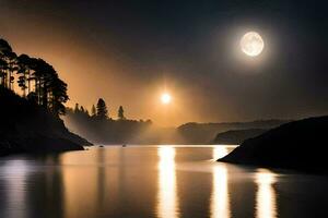 a lua é brilhando brilhantemente sobre uma lago às noite. gerado por IA foto