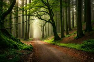uma sujeira estrada dentro uma floresta com árvores e Sol. gerado por IA foto