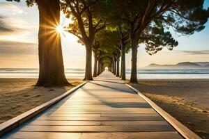 uma de madeira passarela conduz para a de praia às pôr do sol. gerado por IA foto