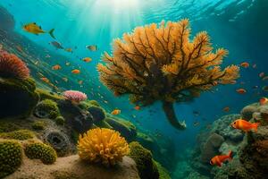 a embaixo da agua cena com coral e peixe. gerado por IA foto