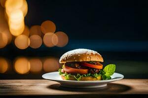 uma Hamburger em uma prato com uma luz fundo. gerado por IA foto