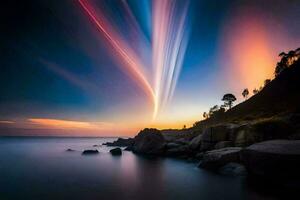 uma grandes exposição fotografia do uma brilhante luz trilha sobre a oceano. gerado por IA foto