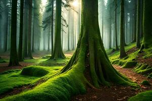 uma verde floresta com árvores e musgo. gerado por IA foto