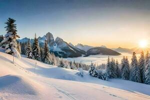 neve coberto montanhas e árvores às pôr do sol. gerado por IA foto