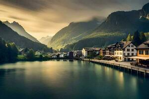 foto papel de parede montanhas, a céu, lago, casa, a Vila, a montanhas, a lago. gerado por IA