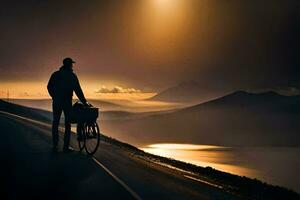uma homem com uma bicicleta em uma estrada às pôr do sol. gerado por IA foto