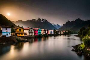 colorida casas linha a bancos do uma rio. gerado por IA foto