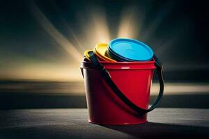 uma vermelho balde com três colorida plástico copos. gerado por IA foto